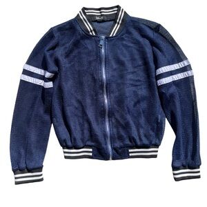 36.5 Women’s Sz Medium Navy Blue White Stripe Polyester Mesh Sheer Bomber Jacket
